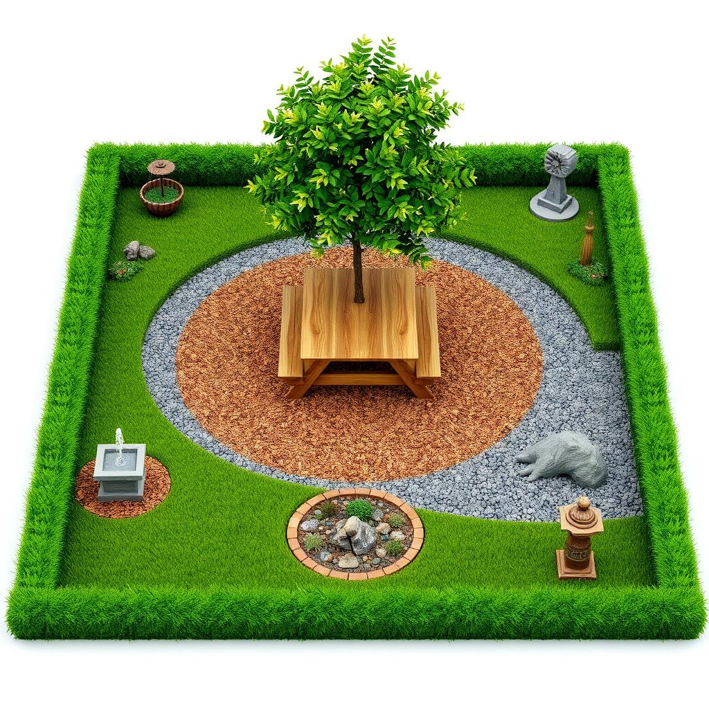 A 3D rectangular garden design featuring a combination of lush green grass and gravel areas