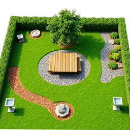 A 3D rectangular garden design featuring a combination of lush green grass and gravel areas