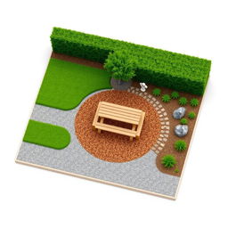 A 3D rectangular garden project featuring a mix of gravel paths and lush green grass
