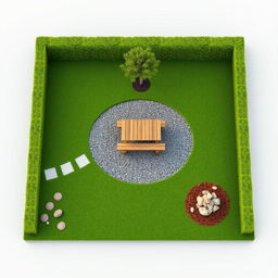 A 3D rectangular garden project featuring a mix of gravel paths and lush green grass