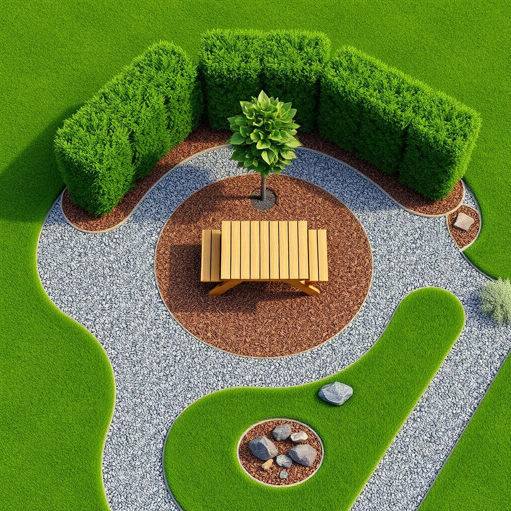 A 3D rectangular garden project featuring a mix of gravel paths and lush green grass
