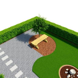 A 3D garden design project measuring 20m by 5m, featuring a combination of gravel paths and lush green grass areas
