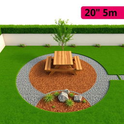 A 3D garden design project measuring 20m by 5m, featuring a combination of gravel paths and lush green grass areas