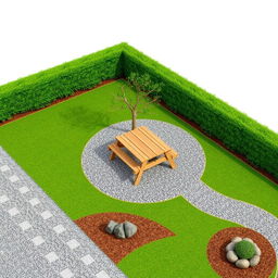 A 3D garden design project measuring 20m by 5m, featuring a combination of gravel paths and lush green grass areas
