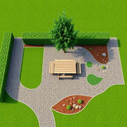 A 3D garden design project measuring 20m by 5m, featuring a combination of gravel paths and lush green grass areas