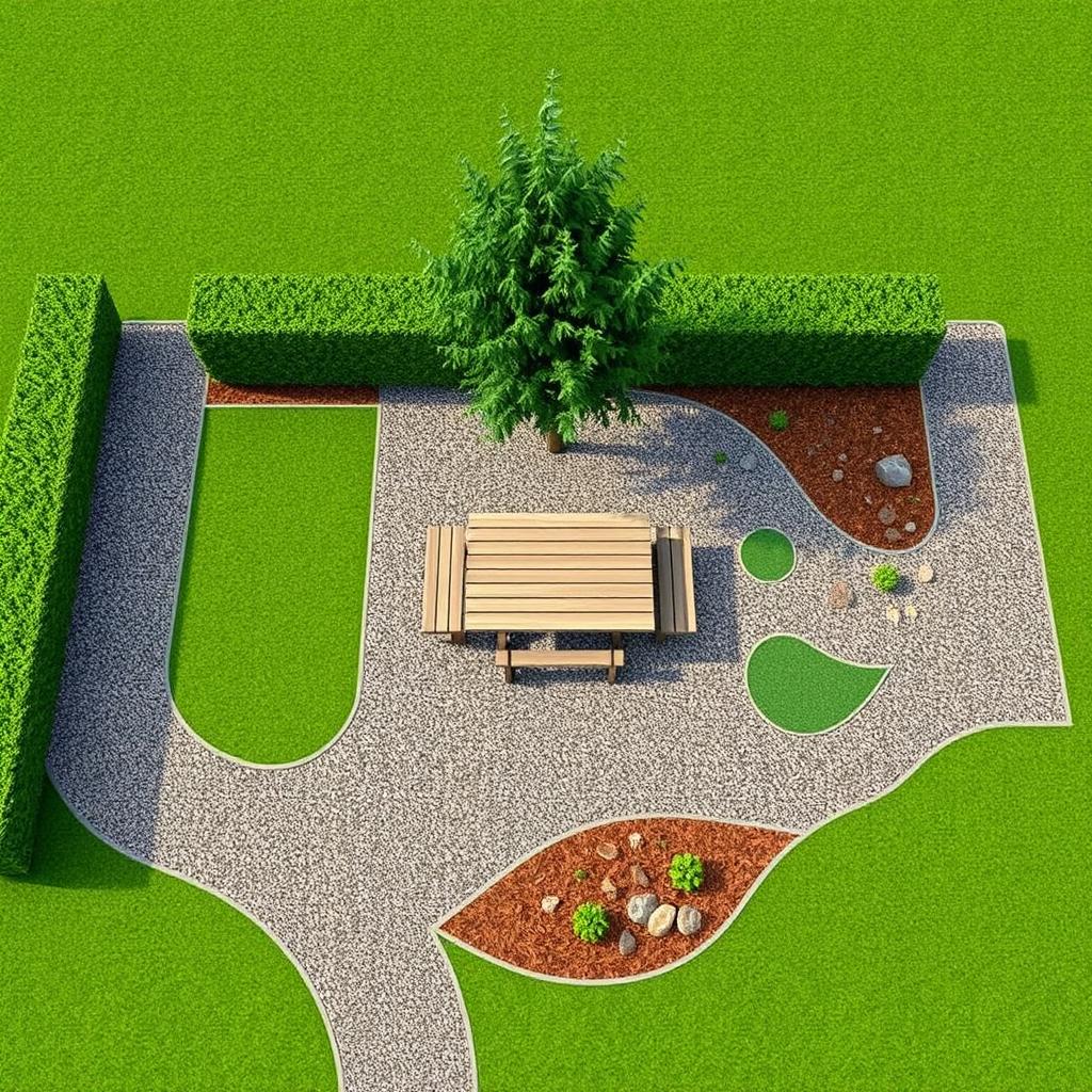 A 3D garden design project measuring 20m by 5m, featuring a combination of gravel paths and lush green grass areas