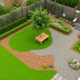 A 3D garden design project measuring 20m by 5m, featuring an elegant combination of gravel pathways and vibrant green grass areas