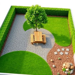 A 3D garden design project measuring 20m by 5m, featuring an elegant combination of gravel pathways and vibrant green grass areas