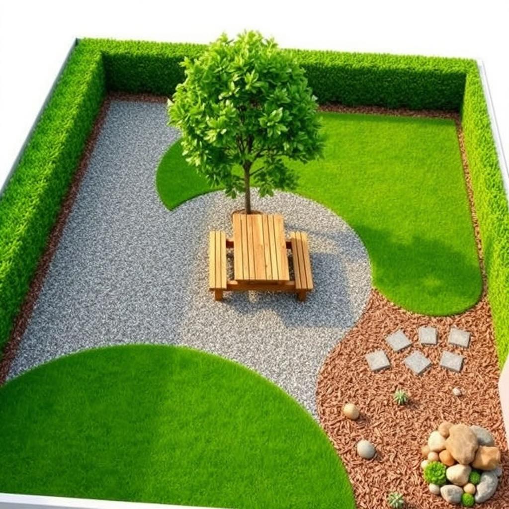 A 3D garden design project measuring 20m by 5m, featuring an elegant combination of gravel pathways and vibrant green grass areas