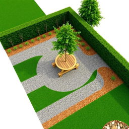 A 3D garden design project measuring 20m by 5m, featuring an elegant combination of gravel pathways and vibrant green grass areas