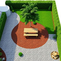 A 3D garden design project measuring 20m by 5m, featuring an elegant combination of gravel pathways and vibrant green grass areas