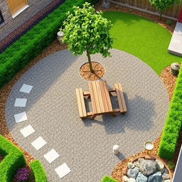 A 3D garden design project measuring 20m by 5m, showcasing a harmonious blend of gravel pathways and luscious green grass areas