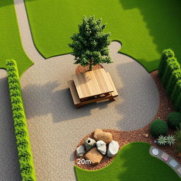 A 3D garden design project measuring 20m by 5m, showcasing a harmonious blend of gravel pathways and luscious green grass areas