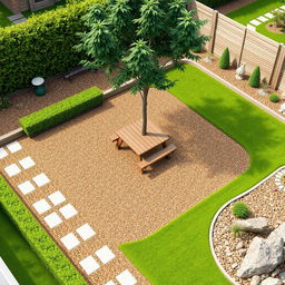 A 3D garden design project measuring 20m by 5m, showcasing a harmonious blend of gravel pathways and luscious green grass areas