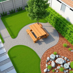 A 3D garden design project measuring 20m by 5m, showcasing a harmonious blend of gravel pathways and luscious green grass areas