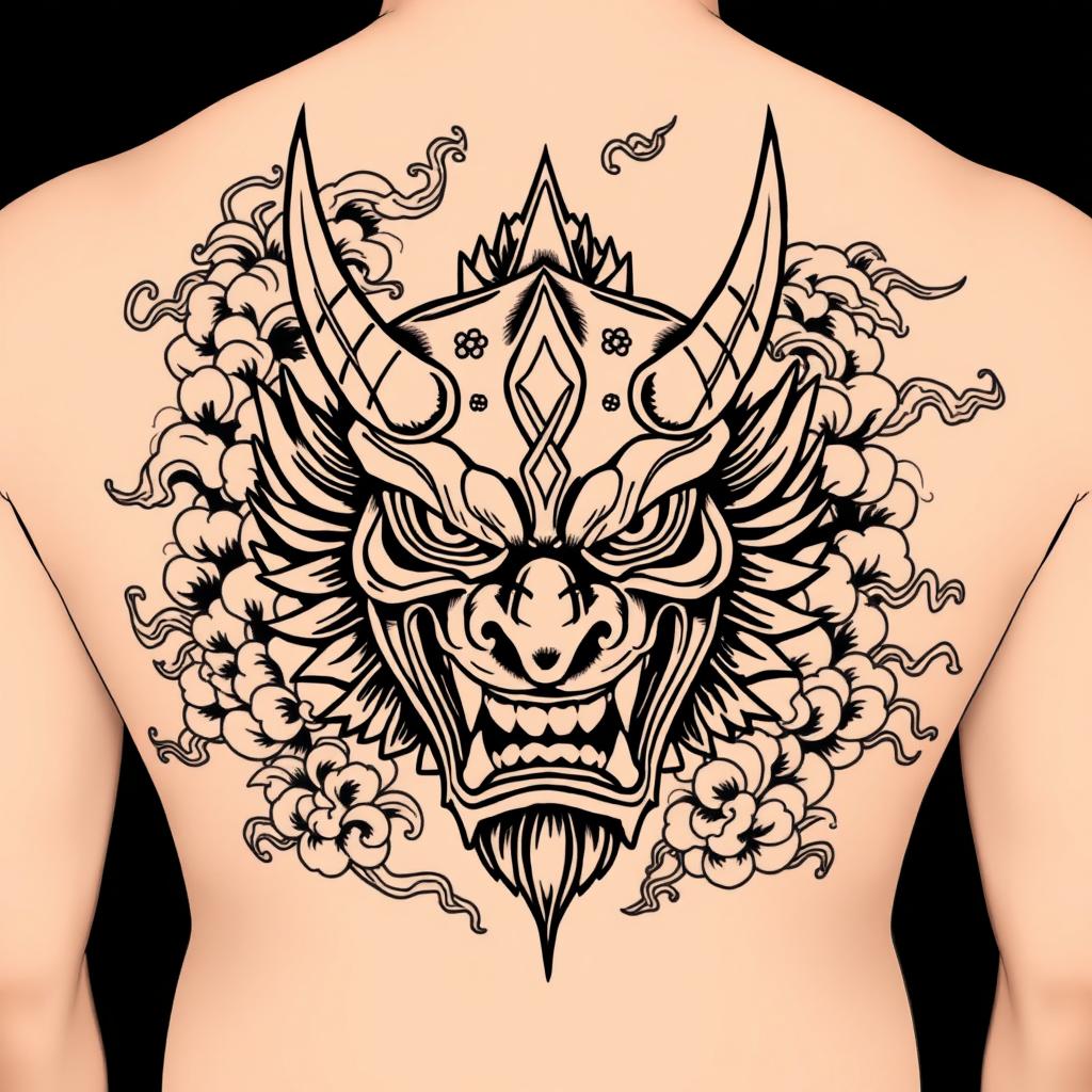 A detailed tattoo design featuring an Oni mask, intricately decorated with traditional elements