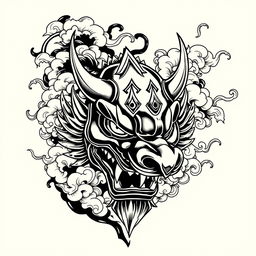 A detailed tattoo design featuring an Oni mask, intricately decorated with traditional elements