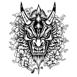 A detailed tattoo design featuring an Oni mask, intricately decorated with traditional elements
