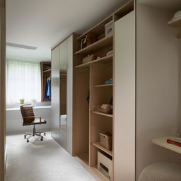 A contemporary bedroom design that cleverly includes a spacious walk-in closet, a study desk with comfortable chair, and a compact book rack filled with assorted books.