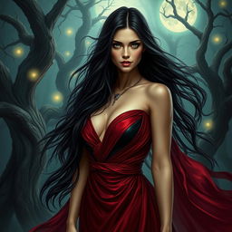 A striking portrayal of Lilith, the mythological figure, set in a mystical forest