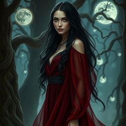 A striking portrayal of Lilith, the mythological figure, set in a mystical forest