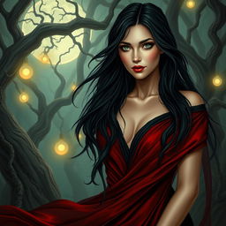 A striking portrayal of Lilith, the mythological figure, set in a mystical forest