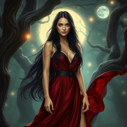 A striking portrayal of Lilith, the mythological figure, set in a mystical forest