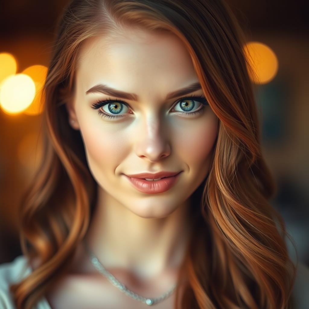 A portrait of a beautiful woman with glowing skin and captivating green eyes