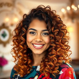 A close-up portrait of a stylish individual with vibrant, voluminous curly hair cascading down around their shoulders
