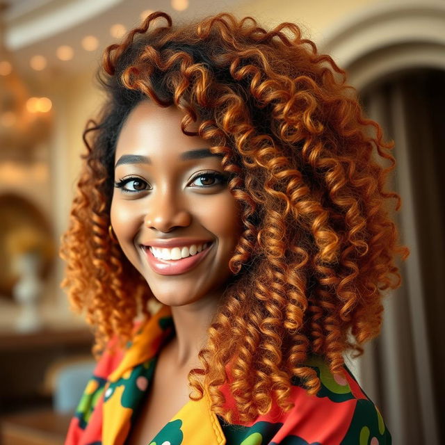 A close-up portrait of a stylish individual with vibrant, voluminous curly hair cascading down around their shoulders