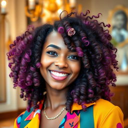 A close-up portrait of a stylish individual with vibrant, voluminous curly hair cascading down around their shoulders
