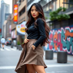 An Asian woman wearing a stylish outfit with a skirt that is riding up slightly as she confidently poses in a modern urban setting
