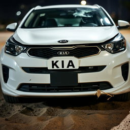 A white Kia car in a state of collision, resembling the original image
