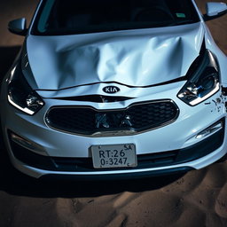 A white Kia car in a state of collision, resembling the original image