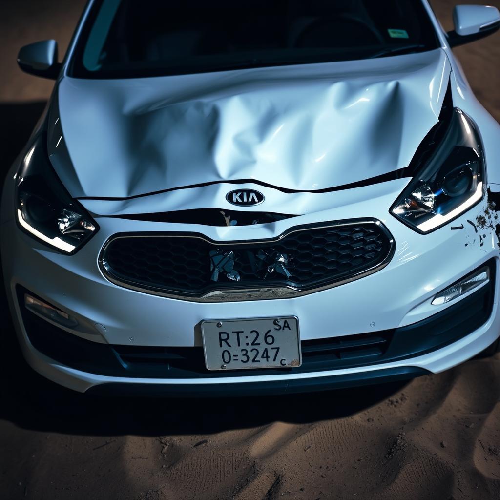 A white Kia car in a state of collision, resembling the original image