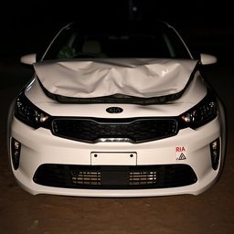 A white Kia car in a state of collision, resembling the original image