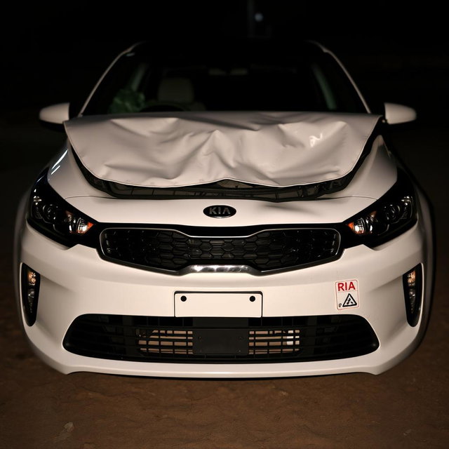 A white Kia car in a state of collision, resembling the original image