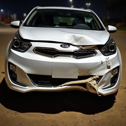A white Kia car in a state of collision, resembling the original image