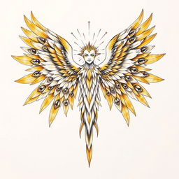 A detailed tattoo sketch of a majestic seraphim, characterized by its radiant figure and multiple wings, each adorned with numerous eyes