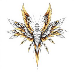 A detailed tattoo sketch of a majestic seraphim, characterized by its radiant figure and multiple wings, each adorned with numerous eyes