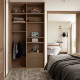 A contemporary bedroom design that cleverly includes a spacious walk-in closet, a study desk with comfortable chair, and a compact book rack filled with assorted books.