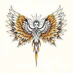 A detailed tattoo sketch of a majestic seraphim, characterized by its radiant figure and multiple wings, each adorned with numerous eyes