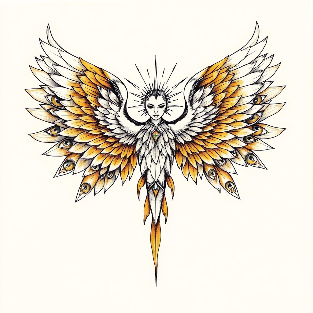 A detailed tattoo sketch of a majestic seraphim, characterized by its radiant figure and multiple wings, each adorned with numerous eyes