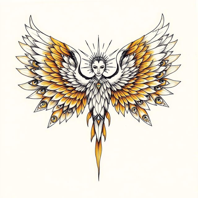 A detailed tattoo sketch of a majestic seraphim, characterized by its radiant figure and multiple wings, each adorned with numerous eyes