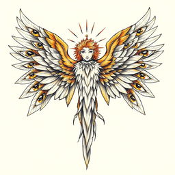 A detailed tattoo sketch of a majestic seraphim, characterized by its radiant figure and multiple wings, each adorned with numerous eyes