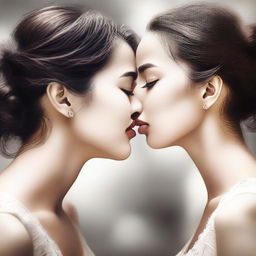 A high-quality digital art image capturing a tender moment between two women as they share a kiss