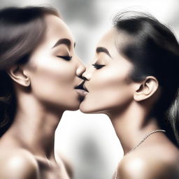 A high-quality digital art image capturing a tender moment between two women as they share a kiss