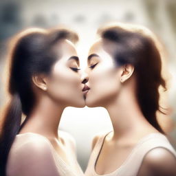 A high-quality digital art image capturing a tender moment between two women as they share a kiss