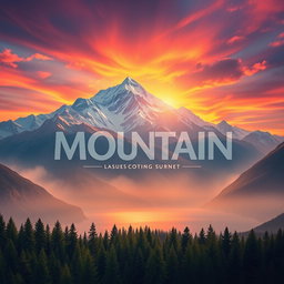 A stunning music cover art featuring a majestic mountain landscape under a vibrant sunset