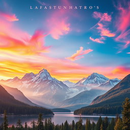 A stunning music cover art featuring a majestic mountain landscape under a vibrant sunset